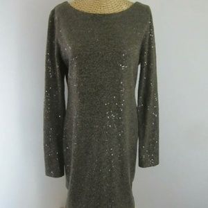 Alice and Olivia Womens L Taupe Gray Long Sleeve Sequined Knit Fitted Dress